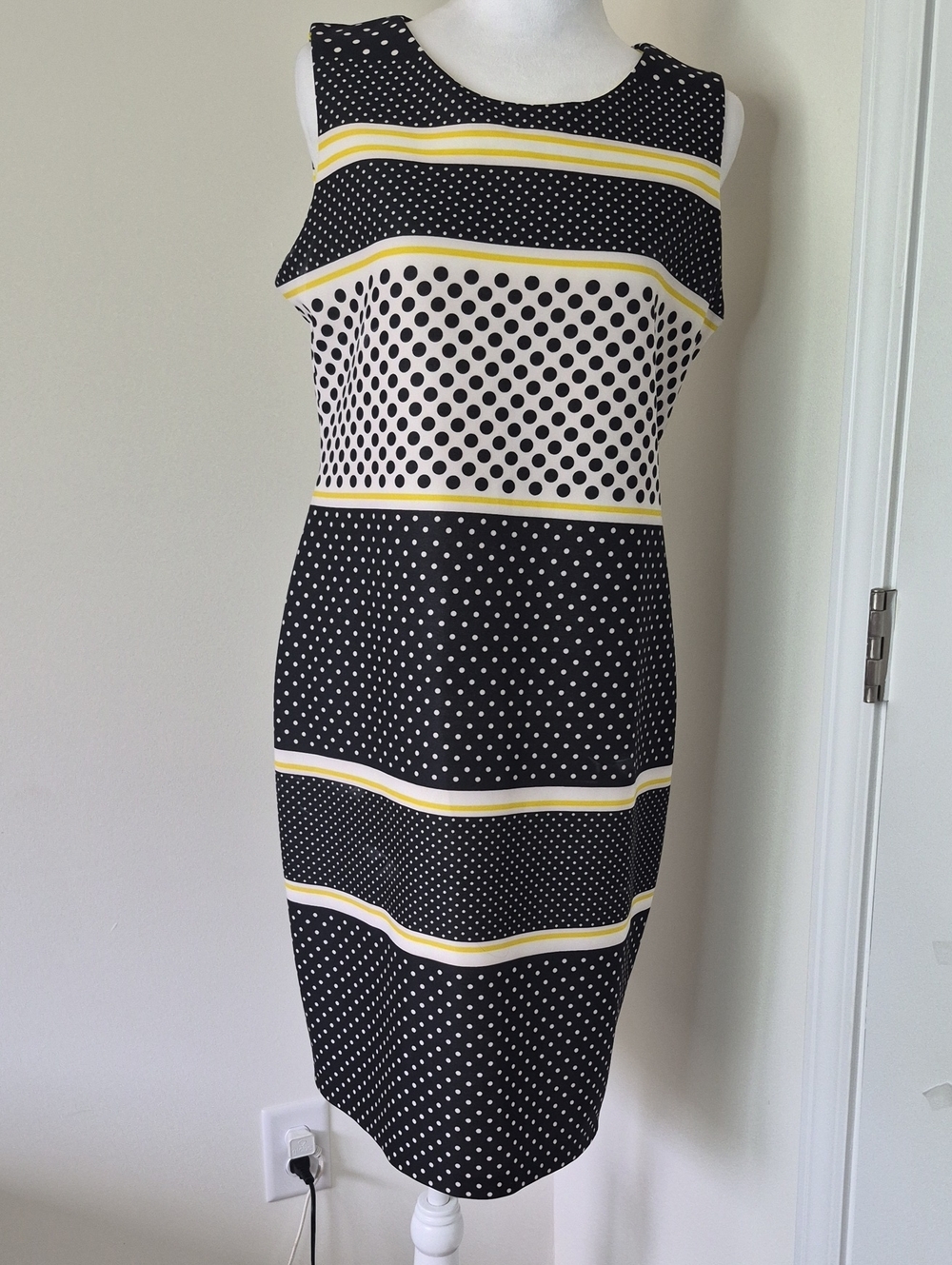 Tiana B. Black White Polka Dot Midi Dress with Yellow Stripes Size 10